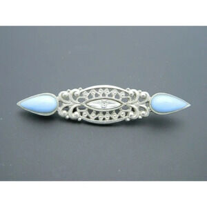 1928 Art Nouveau Styled Clear Rhinestone Blue Bar Silver Tone Pin Brooch Vintage